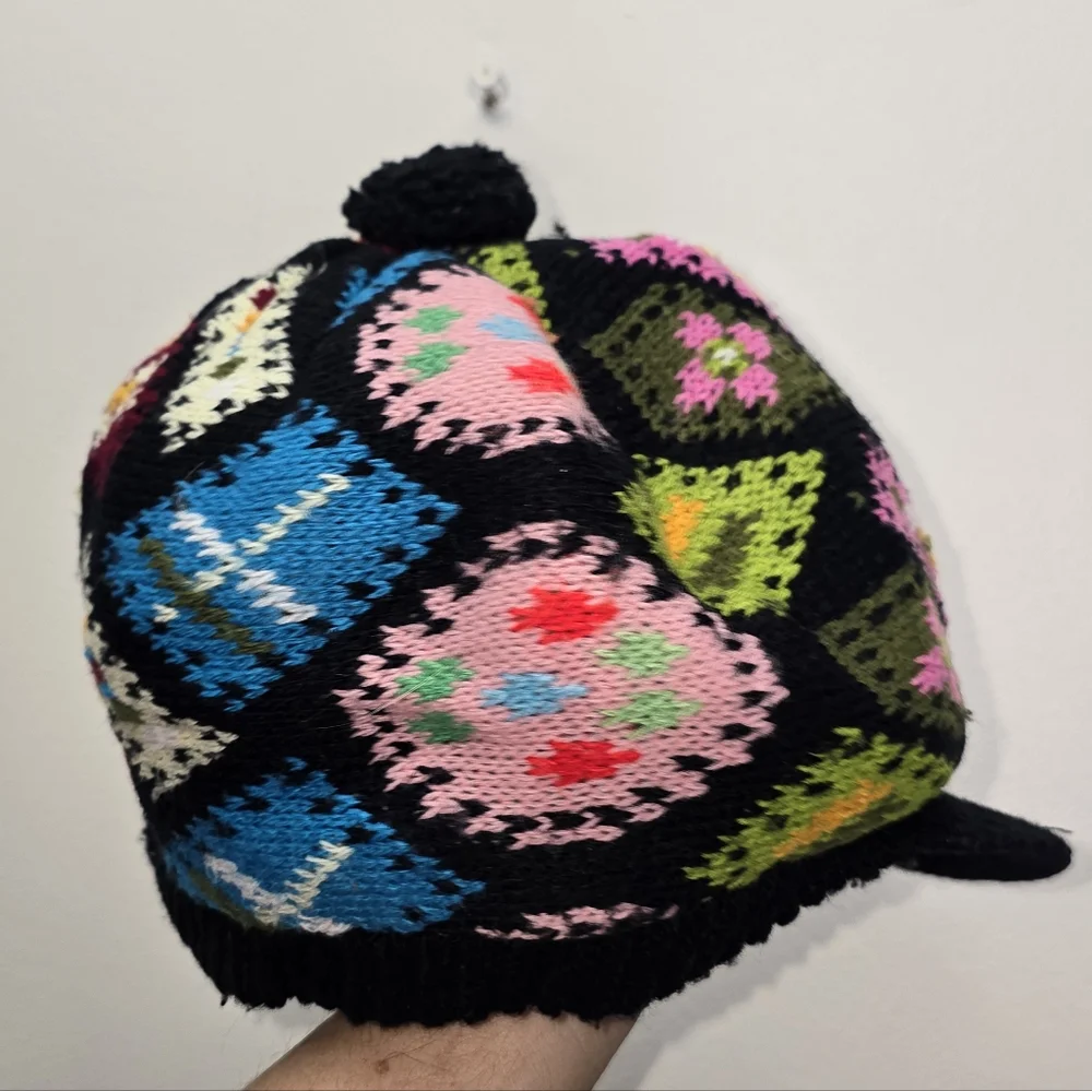 Zwicker Vintage Granny Square Hat Patchwork Pom Pom Crochet Festival Retro